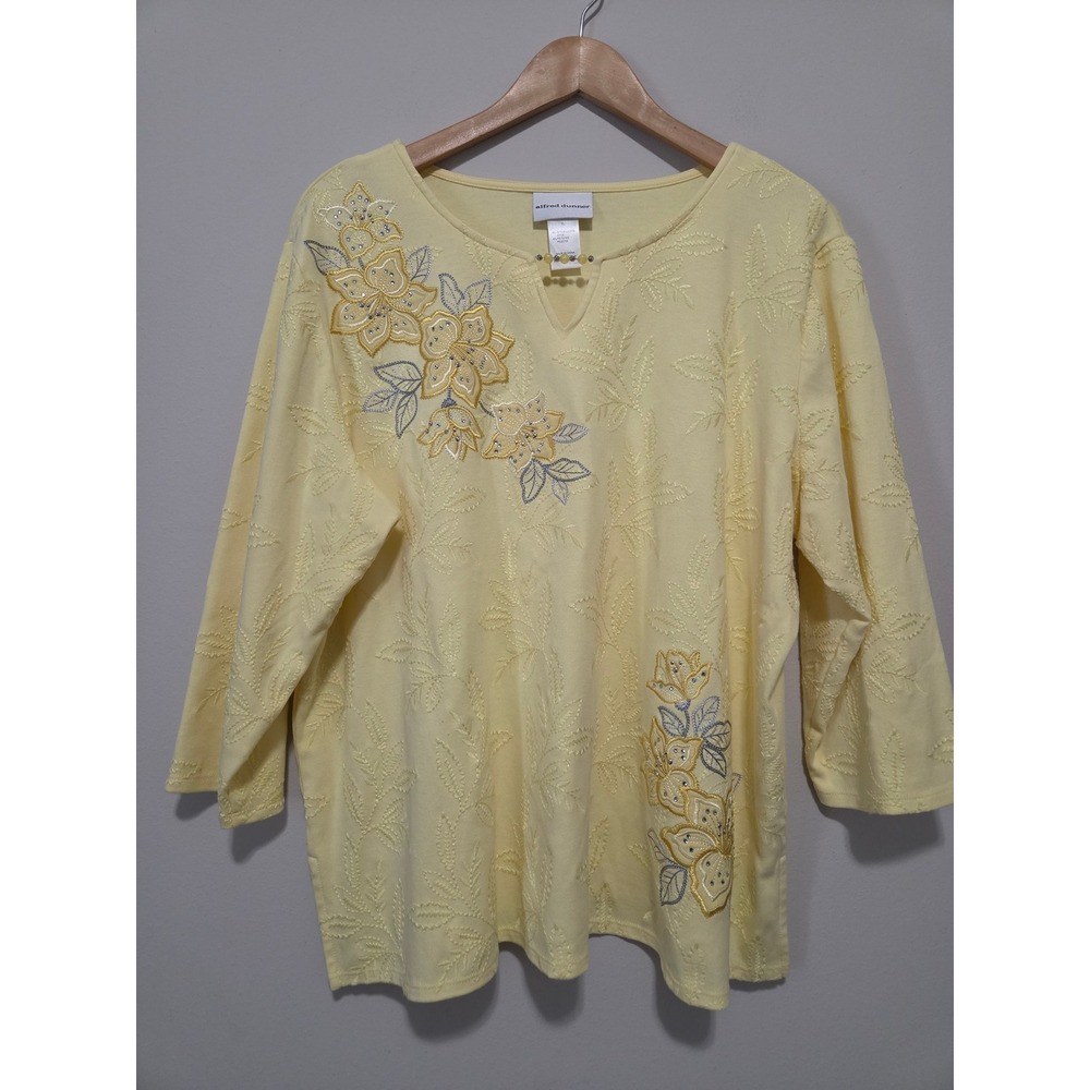 Alfred Dunner Yellow Floral Embroidered Rhinestone 3/4 Sleeve Top XL Cotton Blen